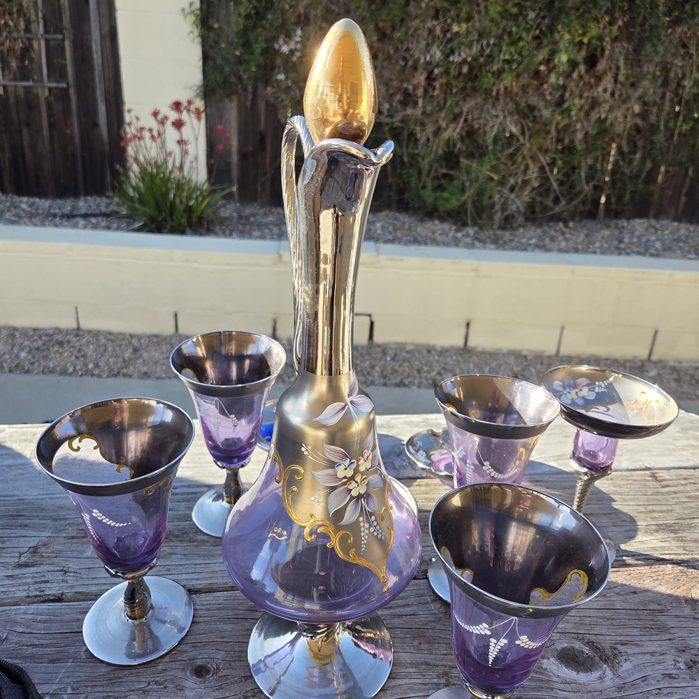 Elegant Purple and Gold Glass Decanter Set
